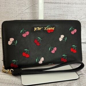 NWT Betsey Johnson Black Cherry Embroidered Wristlet, Wallet